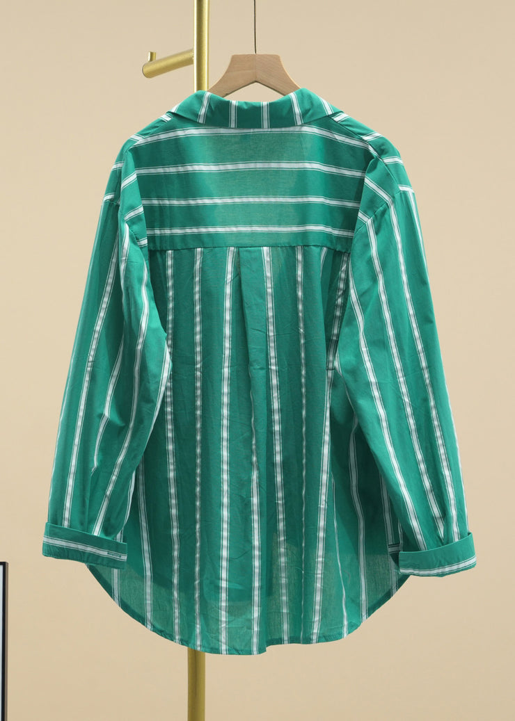 Casual Green Peter Pan Collar Striped Button Cotton Shirt Fall