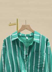 Casual Green Peter Pan Collar Striped Button Cotton Shirt Fall