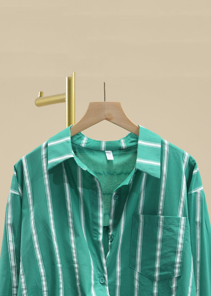 Casual Green Peter Pan Collar Striped Button Cotton Shirt Fall