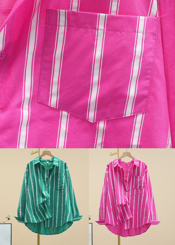 Casual Green Peter Pan Collar Striped Button Cotton Shirt Fall
