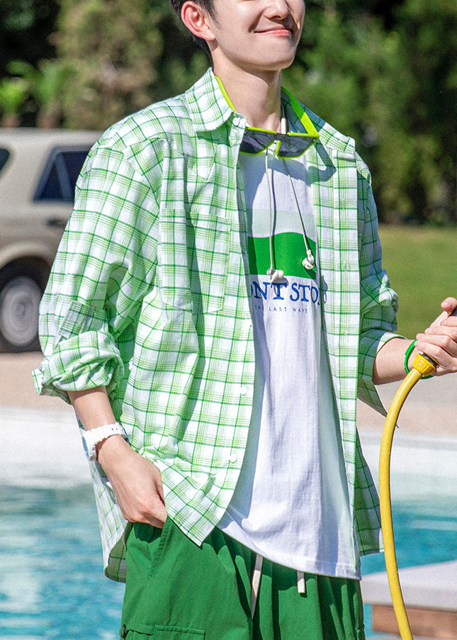 Casual Green Plaid Button Oversized Cotton Men Shirts Spring
