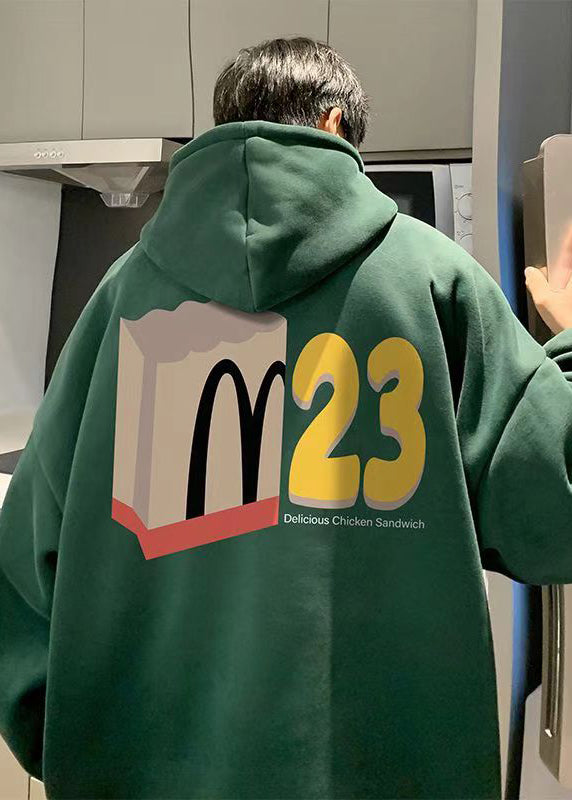 Casual Green Pockets Cotton Graphic Hoodie Men Spring