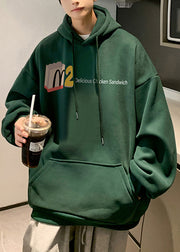 Casual Green Pockets Cotton Graphic Hoodie Men Spring