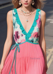 Casual Green Ruffled Patchwork Chiffon Sun Dresses Summer