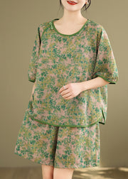 Casual Green Side Open T Shirt And Shorts Two Pieces Set Short Sleeve