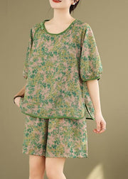 Casual Green Side Open T Shirt And Shorts Two Pieces Set Short Sleeve