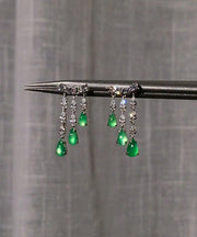 Casual Green Sterling Silver Chalcedony Water Drop Tassel Drop Earrings