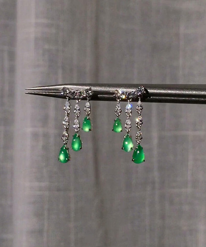 Casual Green Sterling Silver Chalcedony Water Drop Tassel Drop Earrings