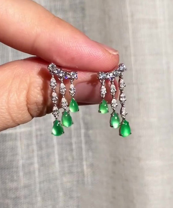 Casual Green Sterling Silver Chalcedony Water Drop Tassel Drop Earrings