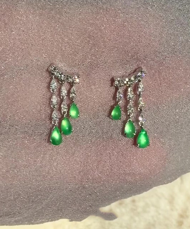 Casual Green Sterling Silver Chalcedony Water Drop Tassel Drop Earrings