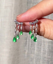 Casual Green Sterling Silver Chalcedony Water Drop Tassel Drop Earrings