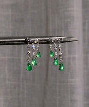 Casual Green Sterling Silver Chalcedony Water Drop Tassel Drop Earrings