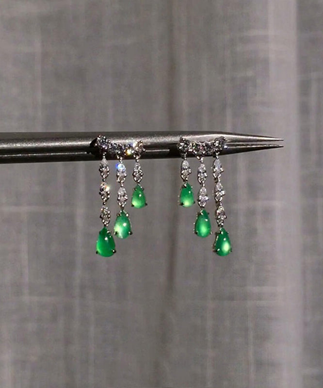 Casual Green Sterling Silver Chalcedony Water Drop Tassel Drop Earrings
