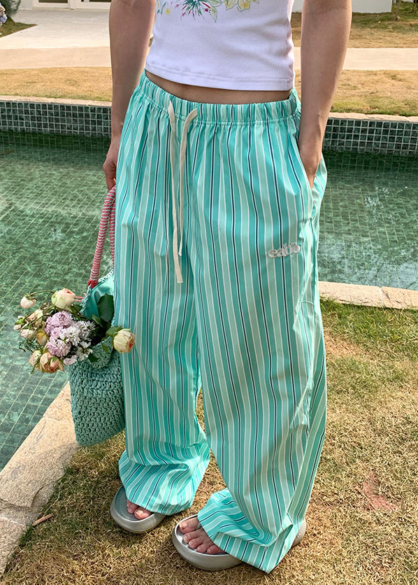 Casual Green Striped Pockets Elastic Waist Cotton Pants Summer