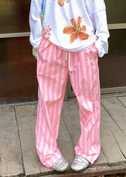 Casual Green Striped Pockets Elastic Waist Cotton Pants Summer