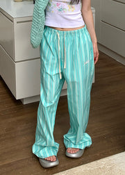 Casual Green Striped Pockets Elastic Waist Cotton Pants Summer