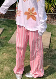 Casual Green Striped Pockets Elastic Waist Cotton Pants Summer