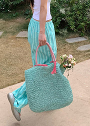 Casual Green Striped Pockets Elastic Waist Cotton Pants Summer