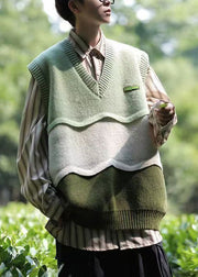 Casual Green V Neck Patchwork Men Knit Vest Sleeveless