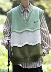 Casual Green V Neck Patchwork Men Knit Vest Sleeveless