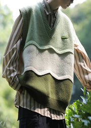 Casual Green V Neck Patchwork Men Knit Vest Sleeveless