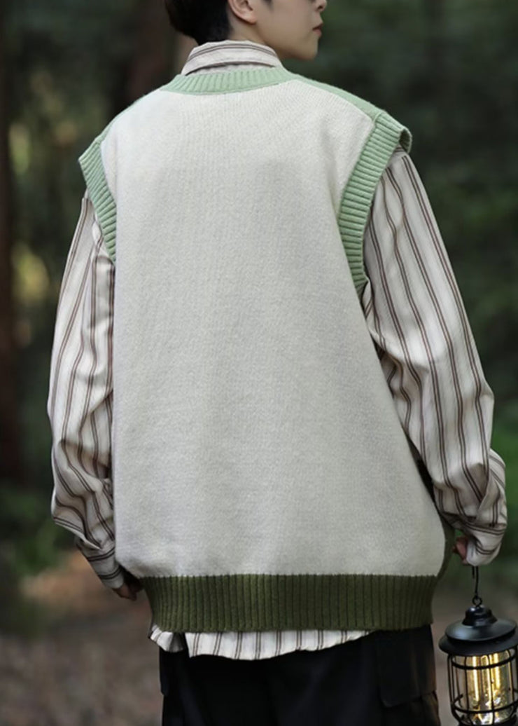 Casual Green V Neck Patchwork Men Knit Vest Sleeveless