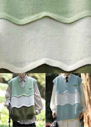 Casual Green V Neck Patchwork Men Knit Vest Sleeveless