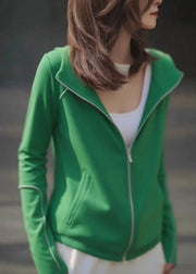 Casual Green Zip Up Pockets Cotton Hoodie Coat Fall