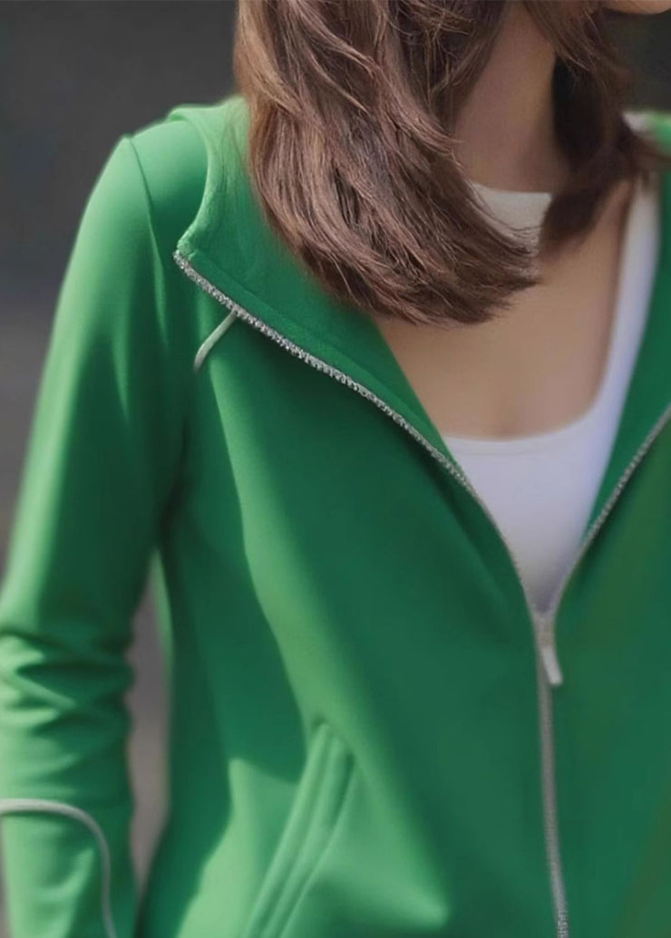 Casual Green Zip Up Pockets Cotton Hoodie Coat Fall