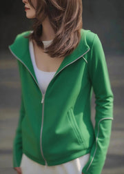 Casual Green Zip Up Pockets Cotton Hoodie Coat Fall