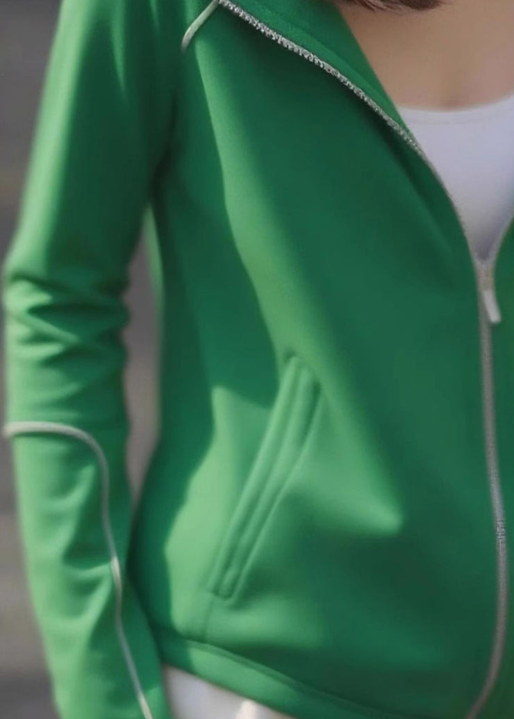 Casual Green Zip Up Pockets Cotton Hoodie Coat Fall