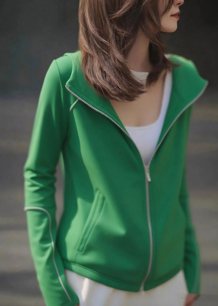 Casual Green Zip Up Pockets Cotton Hoodie Coat Fall