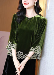 Casual Green Zircon Floral Silk Velour Top Bracelet Sleeve