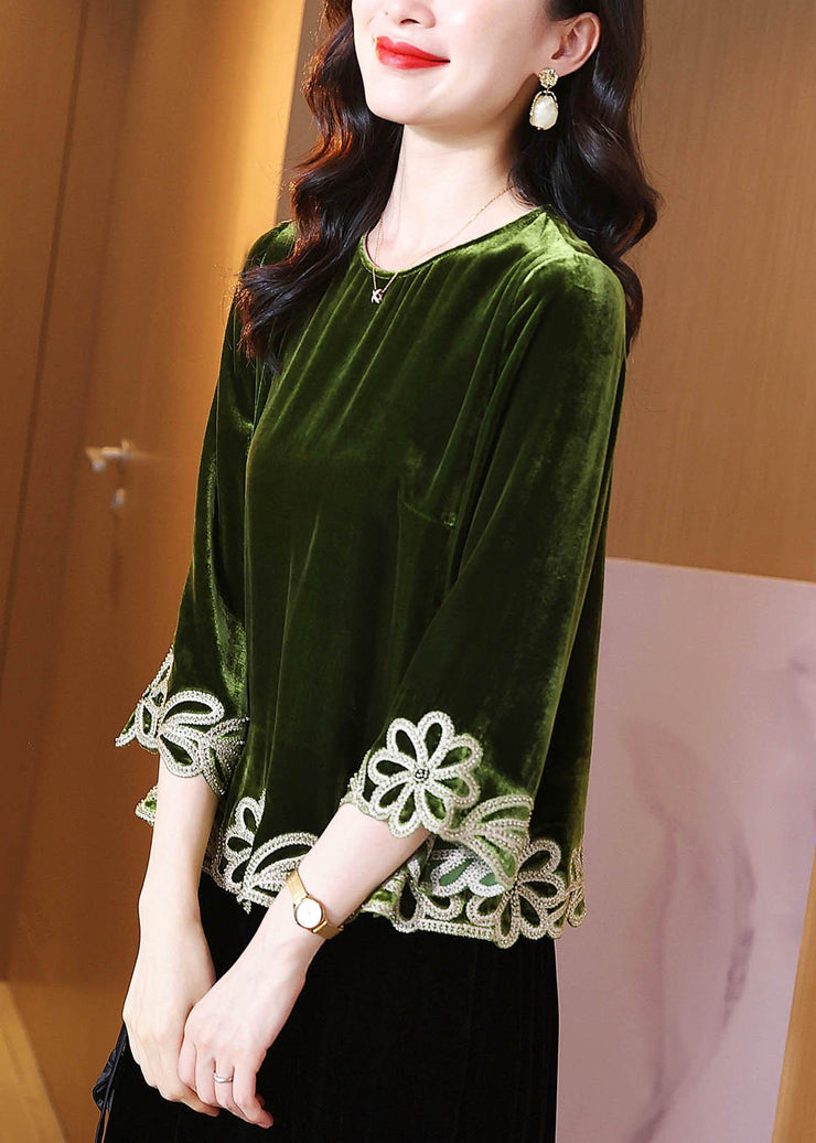 Casual Green Zircon Floral Silk Velour Top Bracelet Sleeve
