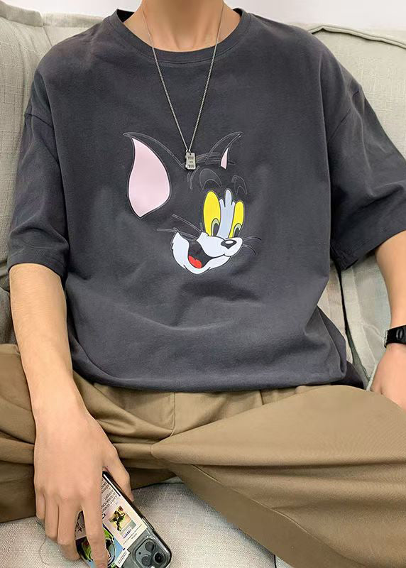 Casual Grey Cats Print Cotton T Shirt Men Summer
