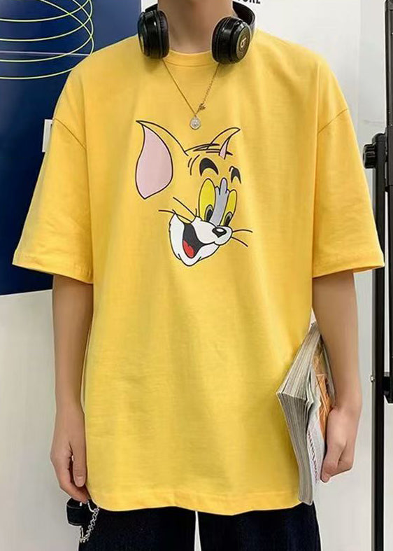 Casual Grey Cats Print Cotton T Shirt Men Summer
