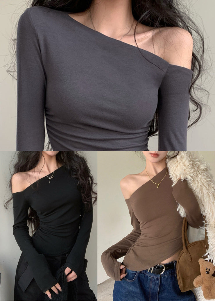 Casual Grey Cold Shoulder Cotton Top Fall