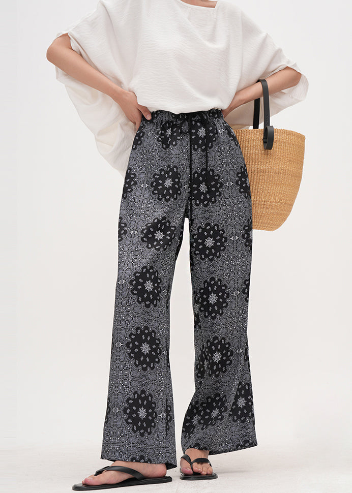 Casual Grey Elastic Waist Print Cotton Straight Pants Summer
