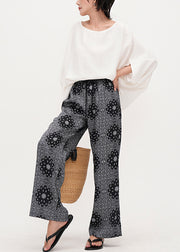 Casual Grey Elastic Waist Print Cotton Straight Pants Summer