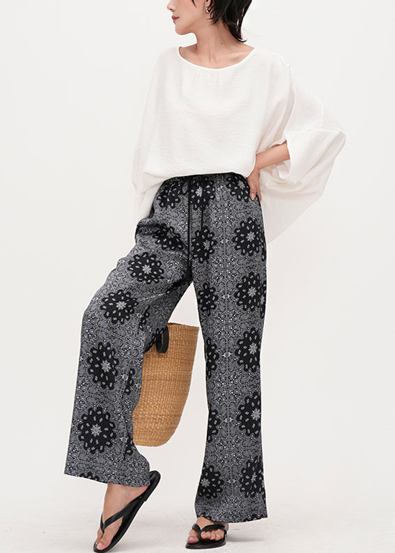 Casual Grey Elastic Waist Print Cotton Straight Pants Summer