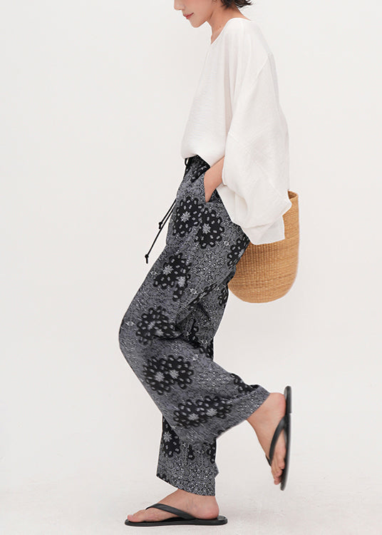 Casual Grey Elastic Waist Print Cotton Straight Pants Summer