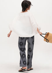 Casual Grey Elastic Waist Print Cotton Straight Pants Summer