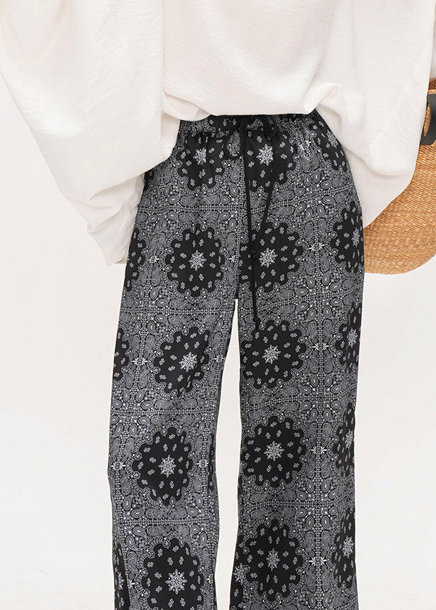 Casual Grey Elastic Waist Print Cotton Straight Pants Summer