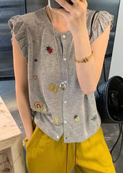 Casual Grey Embroideried Button Down Cotton Vests Sleeveless