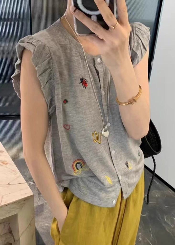 Casual Grey Embroideried Button Down Cotton Vests Sleeveless