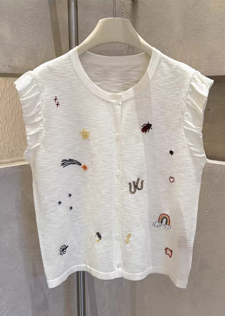 Casual Grey Embroideried Button Down Cotton Vests Sleeveless