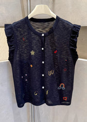 Casual Grey Embroideried Button Down Cotton Vests Sleeveless