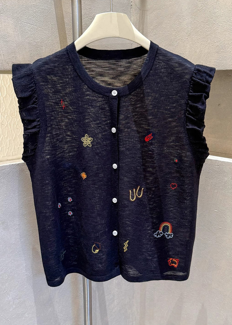 Casual Grey Embroideried Button Down Cotton Vests Sleeveless