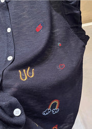 Casual Grey Embroideried Button Down Cotton Vests Sleeveless
