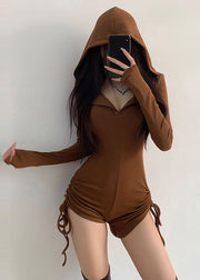 Casual Grey Hooded Drawstring Cotton Jumpsuits Fall